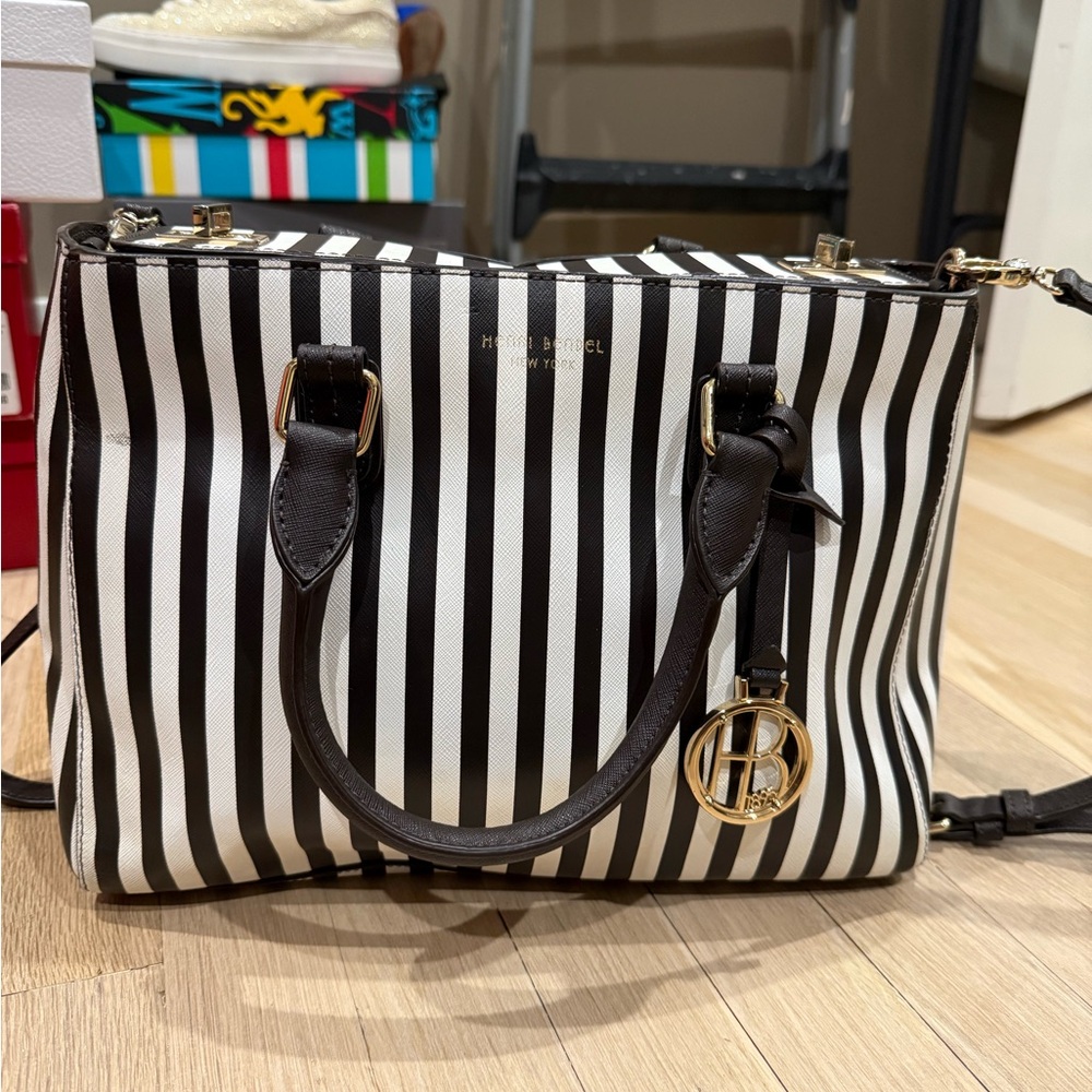 Henri Bendel brown and White Satchel with Bold Stripes